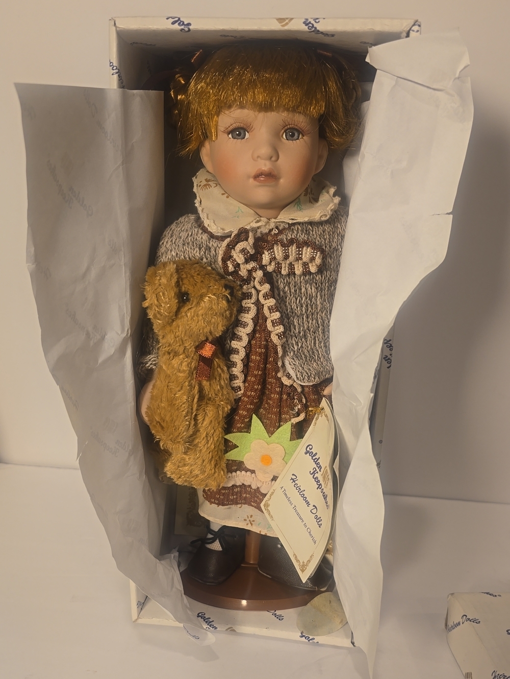 Porcelain Doll in Brown Dress with Matching Teddy Bear